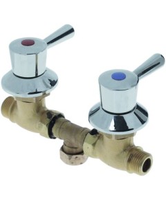 Absperrventil Anschluss 1/2  1/2  Baul?nge 160mm rot/blau Rosetten-Gewinde G2 3/4  Achse ? 7,6mm