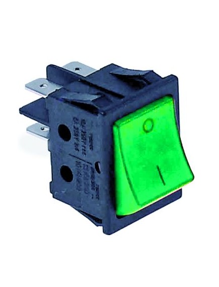 rocker switch mounting measurements 30x22mm green 2NO 250V 16A illuminated 0-I