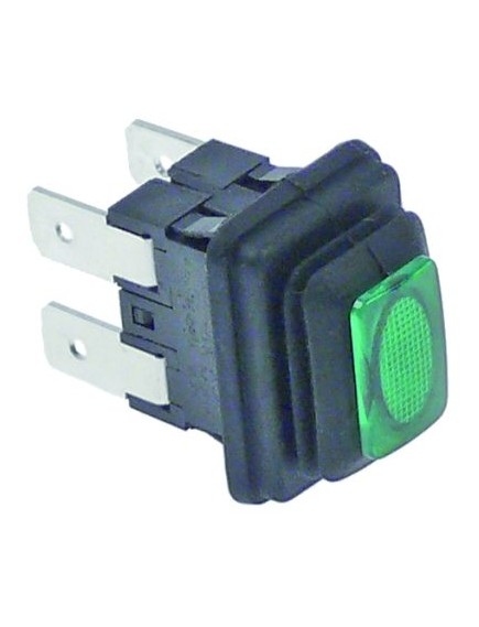 push switch mounting measurements 19x13mm  rectangular green 2NO 250V 16A illuminated