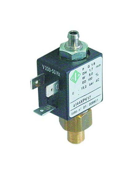 Solenoid valve brass DN 1,7mm connection 1/8  2-ways 230VAC membranes FKM (water/steam)